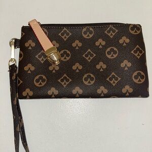 Brown Patterned Wristlet Clutch with Strap Accent
